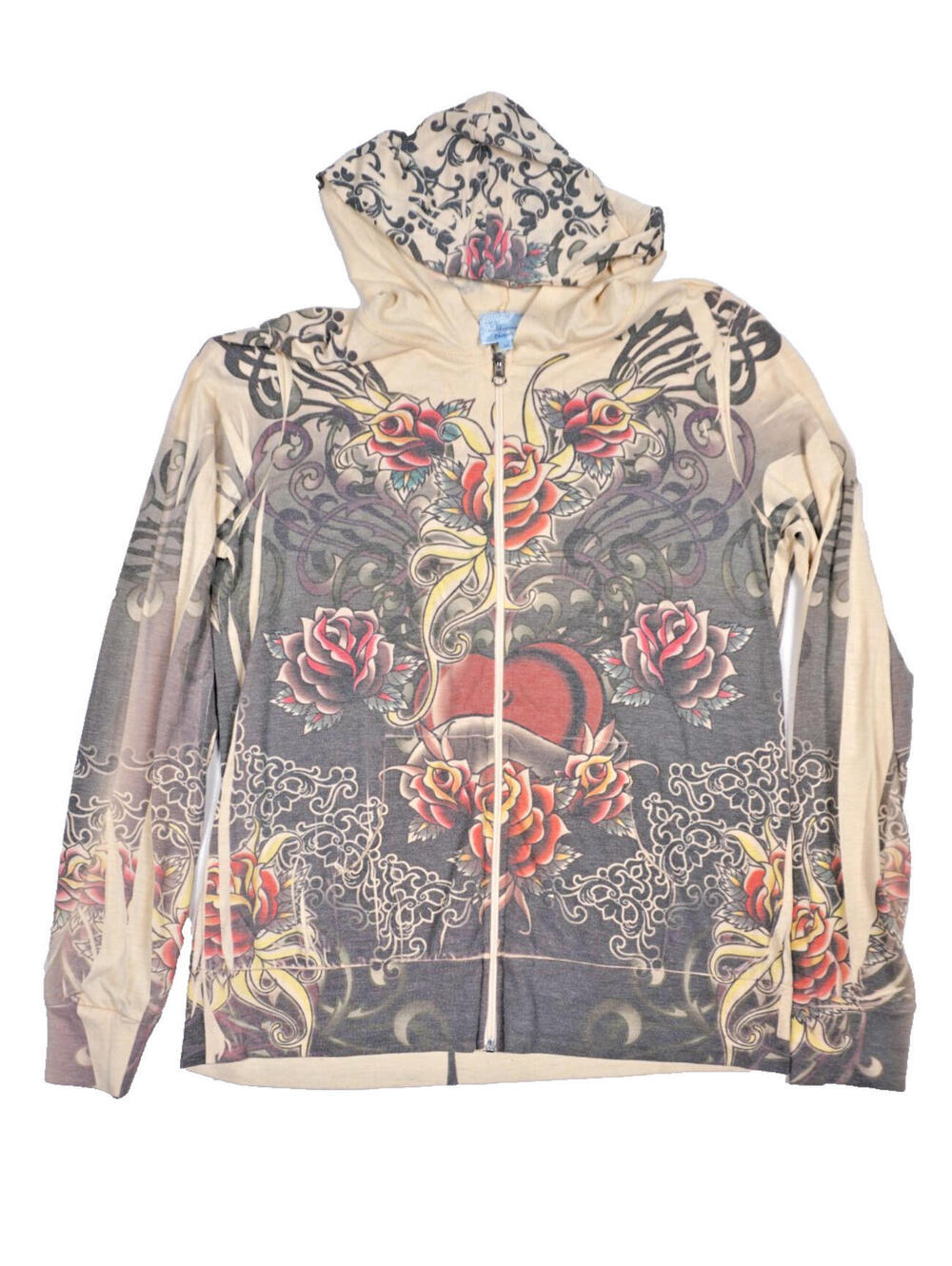 Vintage Y2K Ed Hardy Style Hoodie Medium Womens Full Zip AOP Grunge Punk Goth